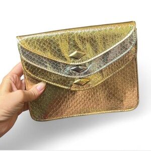 Vintage 60s Walborg Metallic Gold & Silver Faux Snakeskin Envelope Clutch Purse